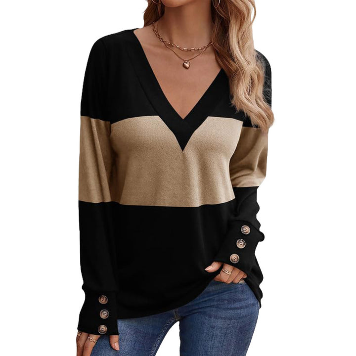 Damen Colorblock V‑Neck Feinstrickpullover mit dekorativen Manschettenknöpfen – Avérine