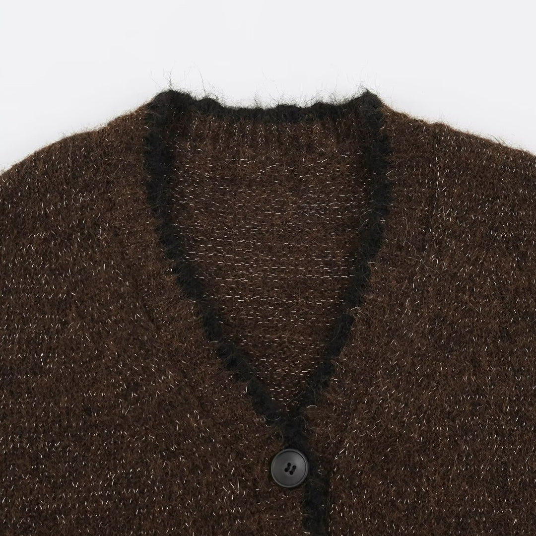 Damen Oversize Strickcardigan mit V-Ausschnitt, Knopfleiste und kontrastierenden Zierkanten Echoarchiv