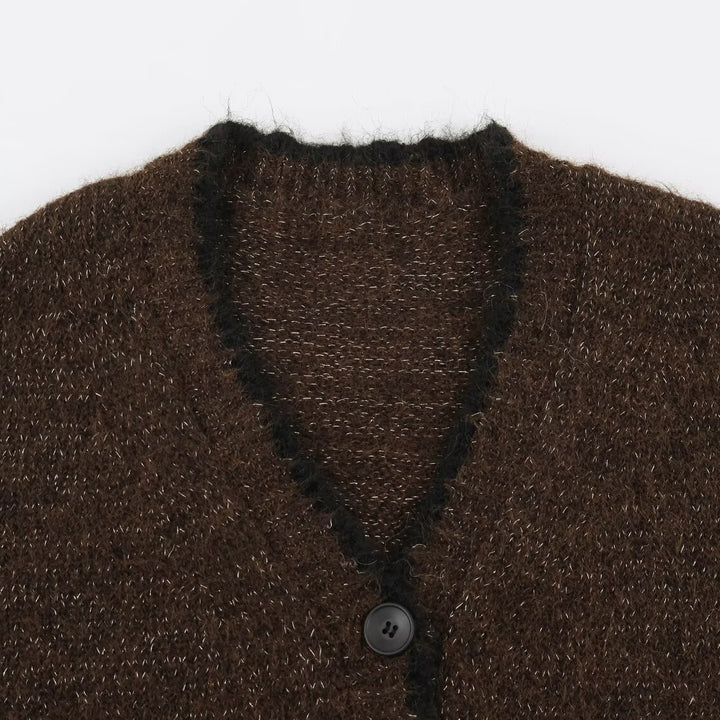 Damen Oversize Strickcardigan mit V-Ausschnitt, Knopfleiste und kontrastierenden Zierkanten Echoarchiv
