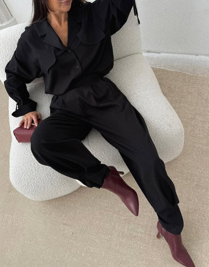 Damen Zweiteiliges Loungewear-Set mit Oversized-Bluse, Pattentaschen, Kordelmanschetten und hochtaillierter Jogpant Echoarchiv