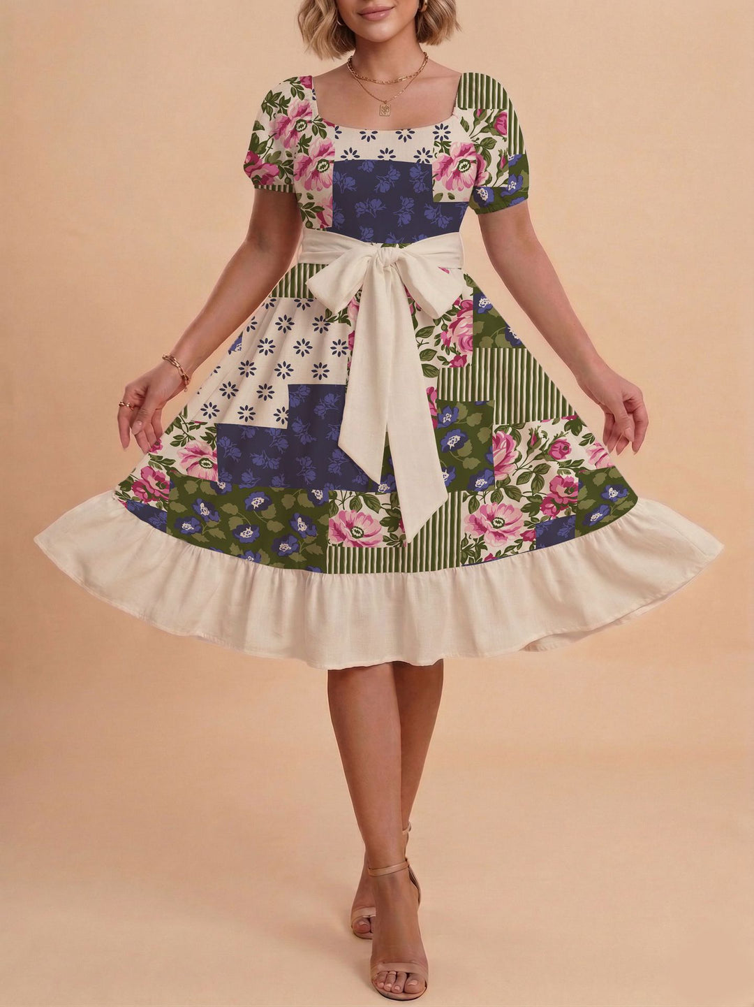 Damen Midikleid mit verspieltem Druck und tailliertem Schnitt Echo Archiv