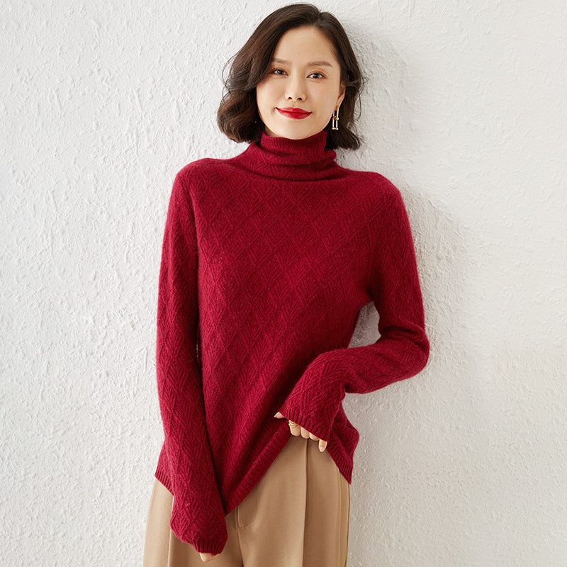 Damen Luxuriöser Mohair‑Mix Rollkragenpullover mit diamantgewEchoarchivter Ajourstruktur Echoarchiv