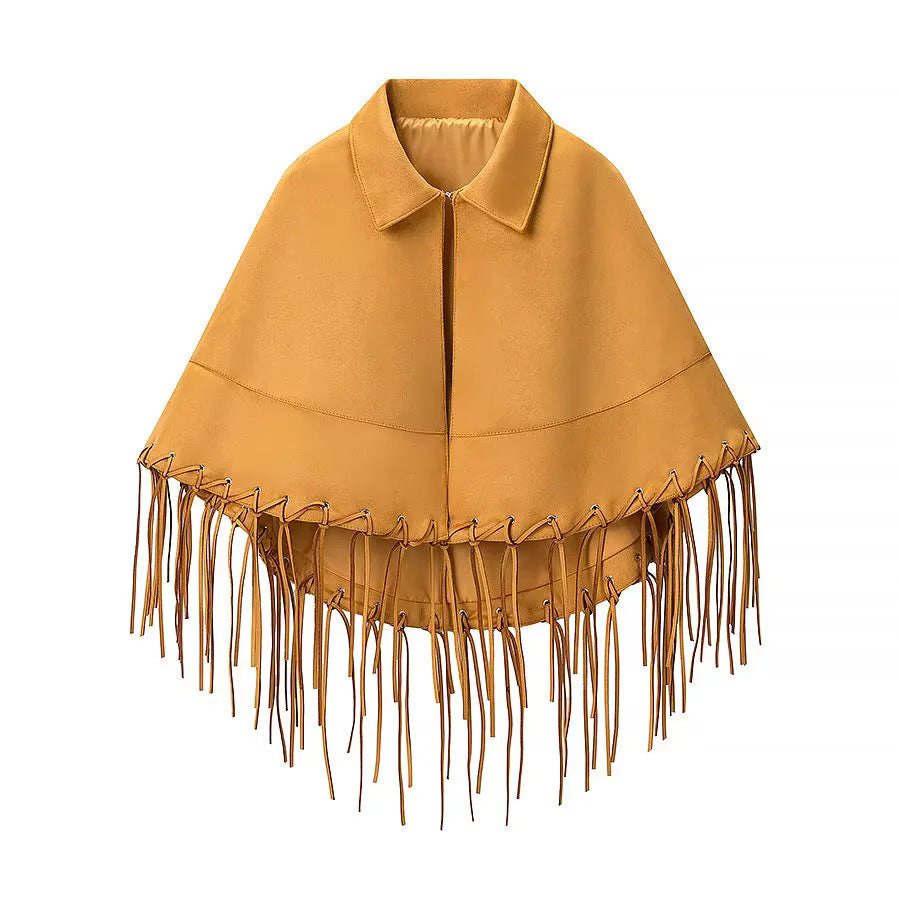 Damen nan Veloursoptik Cape mit Hemdkragen, Ziernaht und langen Fransen Echo Archiv