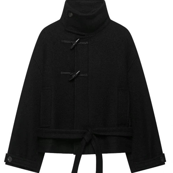 Damen Kurz geschnittener Duffle‑Cape‑Mantel mit hohem Funnelkragen, Knebelverschlüssen und Bindegürtel Echo Archiv