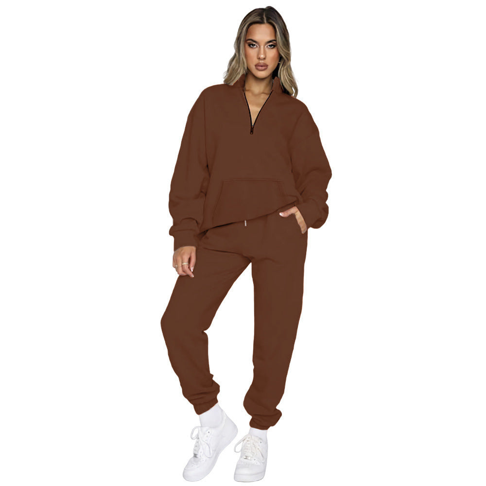 Damen nan French‑Terry Relax‑Loungewear‑Set mit halbem Reißverschluss, Kängurutasche und taillierter, schmal zulaufender Jogginghose Echo Archiv