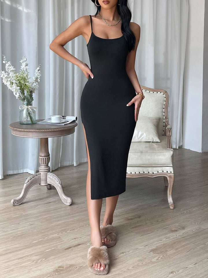 Damen figurbetontes Maxi-Kleid mit schmalen Spaghettiträgern und seitlichem Schlitz Echo Archiv