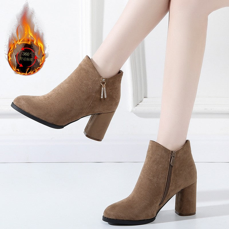 Damen Wärmende Samtvelours-Stiefeletten mit hohem Blockabsatz und seitlichem Reißverschluss – Varelle
