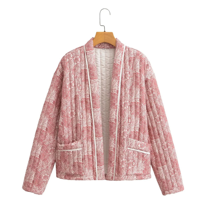 Damen Leichte gesteppte Jacke im Kimono-Stil mit floralem Blockdruck und Kontrastpaspel Echo Archiv
