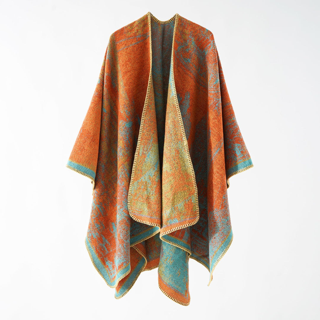 Damen Oversize-Ruana im kastigen Cape mit jacquardgewebter Struktur und weicher Wollmix – Célinea
