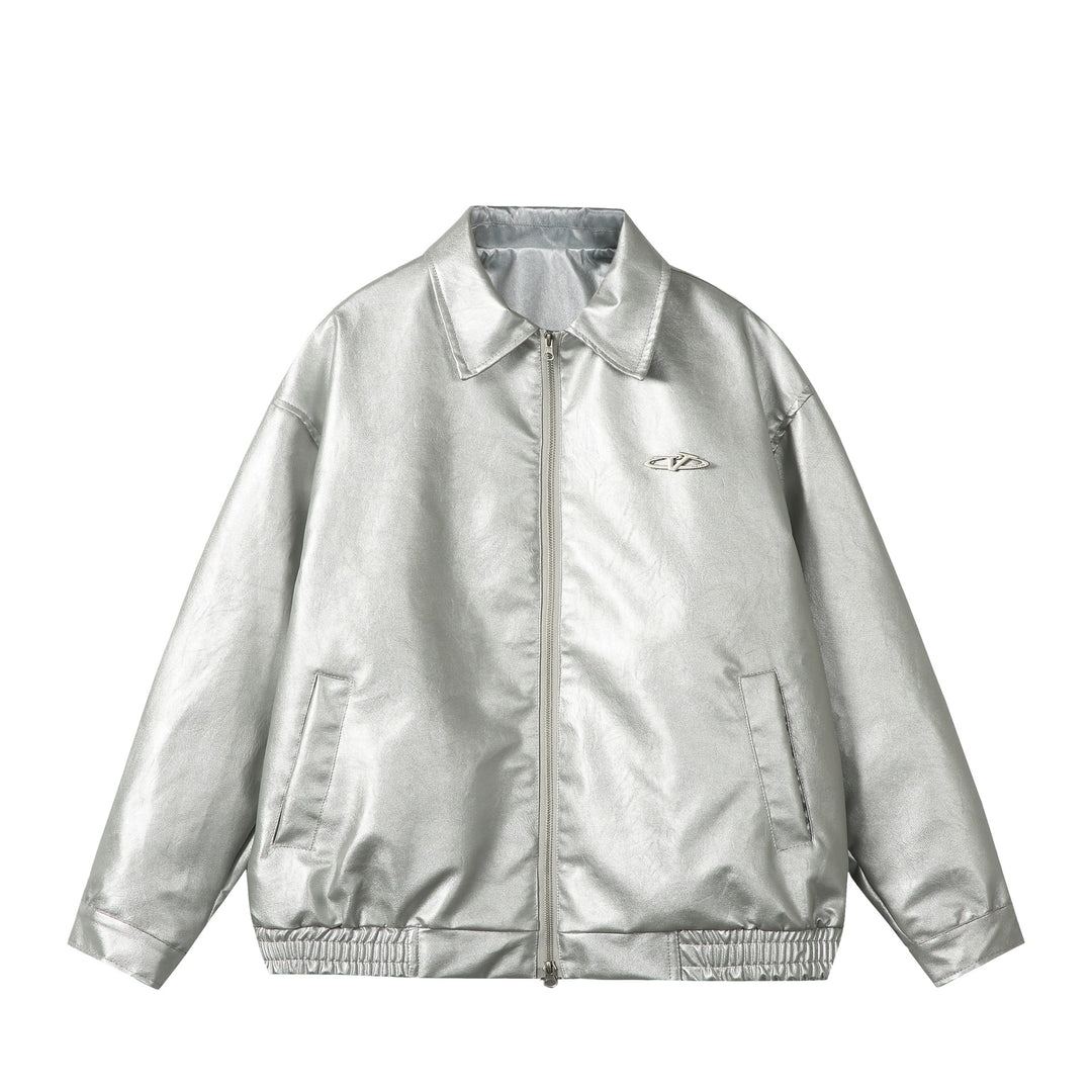 Damen Oversize Glattleder‑Optik Blousonjacke mit elastischem Saum und Metall‑Logo Echoarchiv