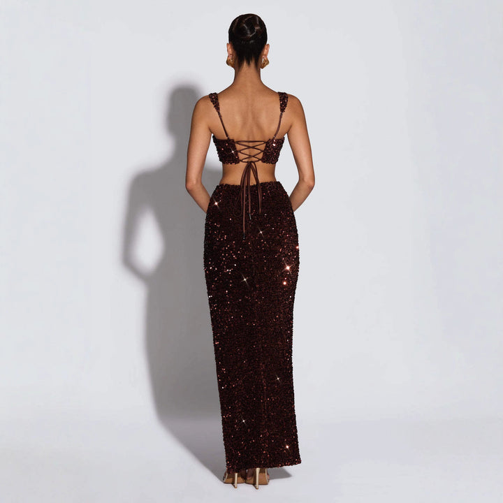 Damen Glitzerndes Abendkleid mit tiefem Schlitz und raffinierten Trägern Echo Archiv