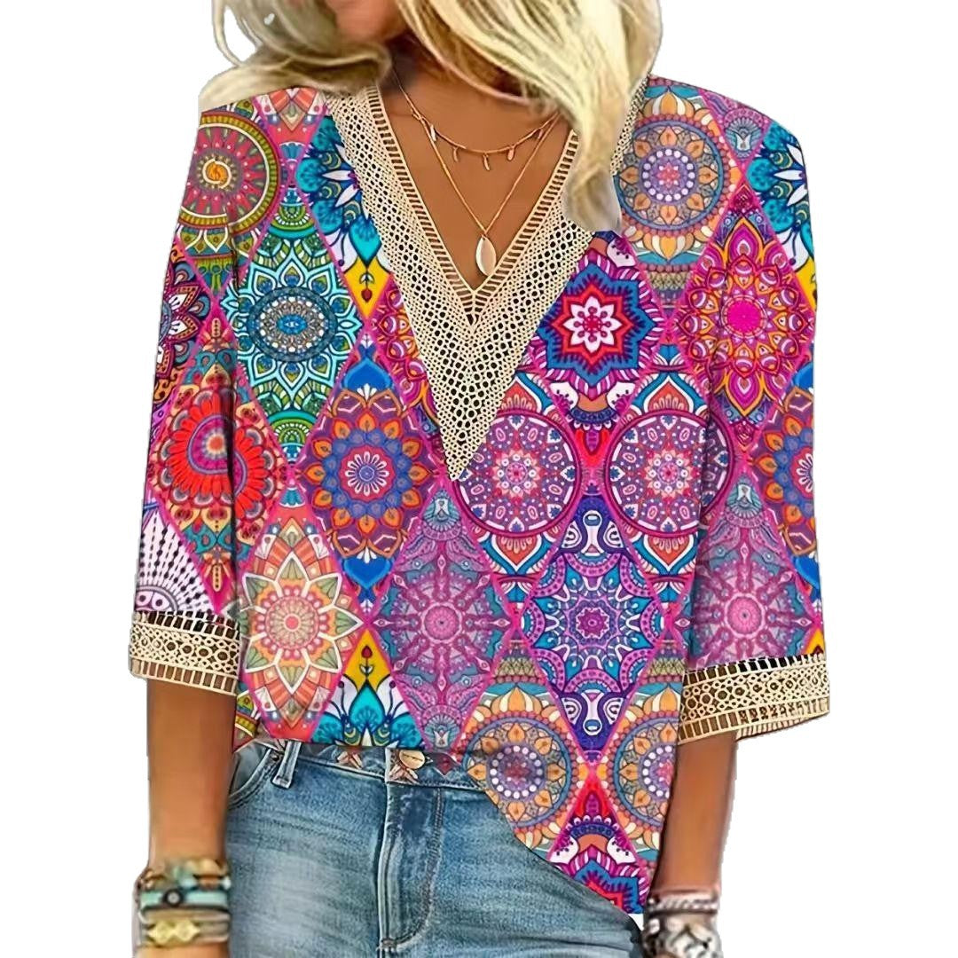 Damen nan locker fallende Mandala-Patchwork-Tunika mit tiefem V-Ausschnitt und Häkelspitzenbesatz Echo Archiv