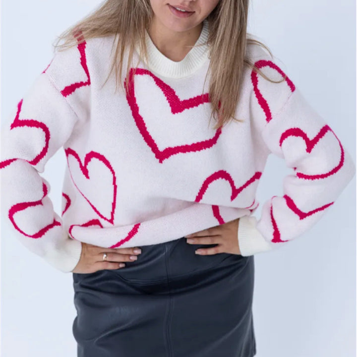 Damen Kuscheliger Jacquard-Pullover mit Herzmotiv und lockerer Oversize-Passform – Mavelle
