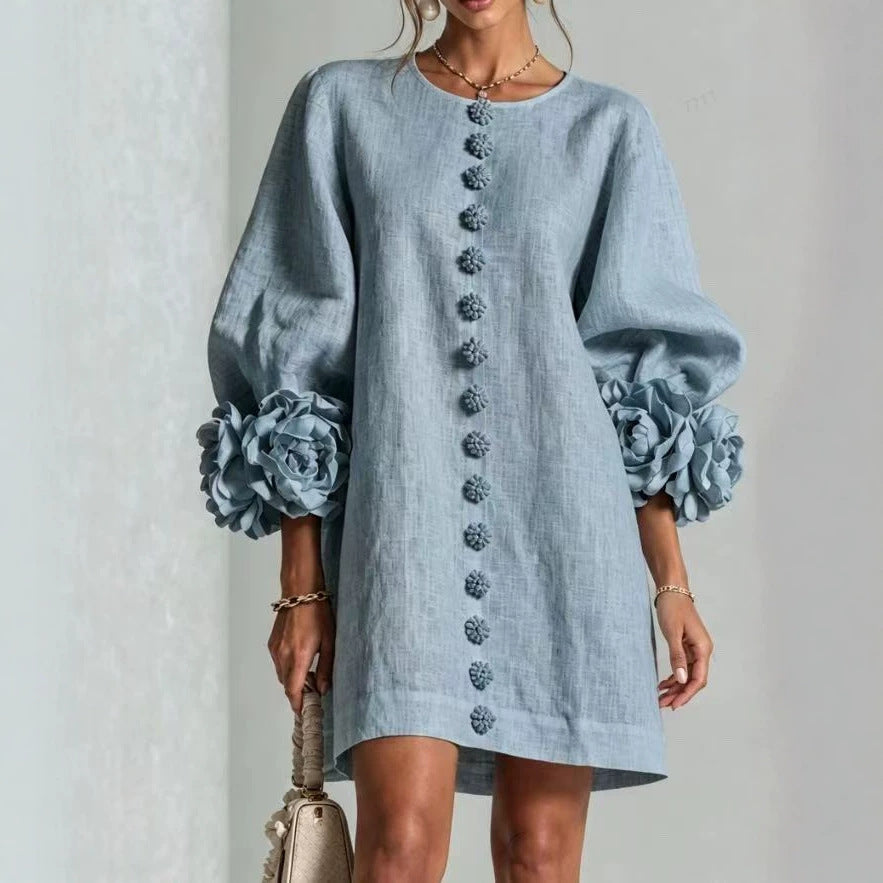 Damen Leinenkleid im A‑Linien‑Schnitt mit Ballonärmeln und 3D‑Blütenverzierung Echo Archiv