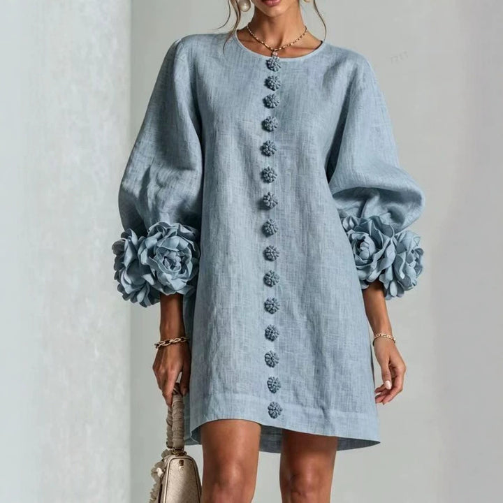 Damen Leinenkleid im A‑Linien‑Schnitt mit Ballonärmeln und 3D‑Blütenverzierung Echo Archiv