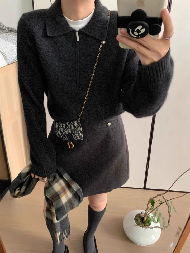 Damen Kurzzip-Polo-Pullover aus flauschigem Wollmix mit kastiger Silhouette Echoarchiv