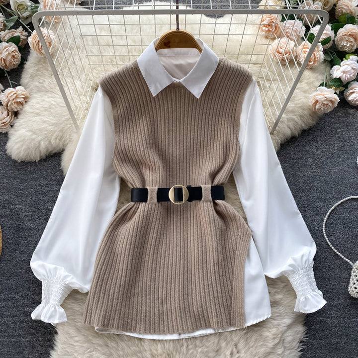 Damen Lagenlook-Bluse mit Rippstrick-Überwurf und Taillengürtel – Élovi
