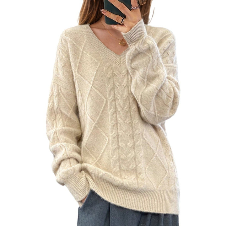 Damen nan kuscheliger V-Ausschnitt Zopfmuster-Pullover mit Oversize-Schnitt und Rippabschlüssen Echo Archiv