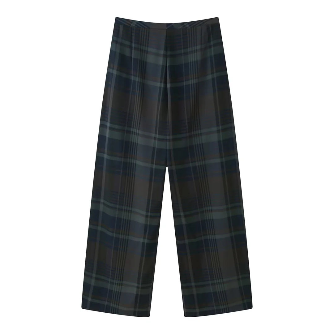Damen nan weite Karohose mit hoher Taille, fließender Wide‑Leg‑Silhouette und verdecktem Elastikbund Echo Archiv