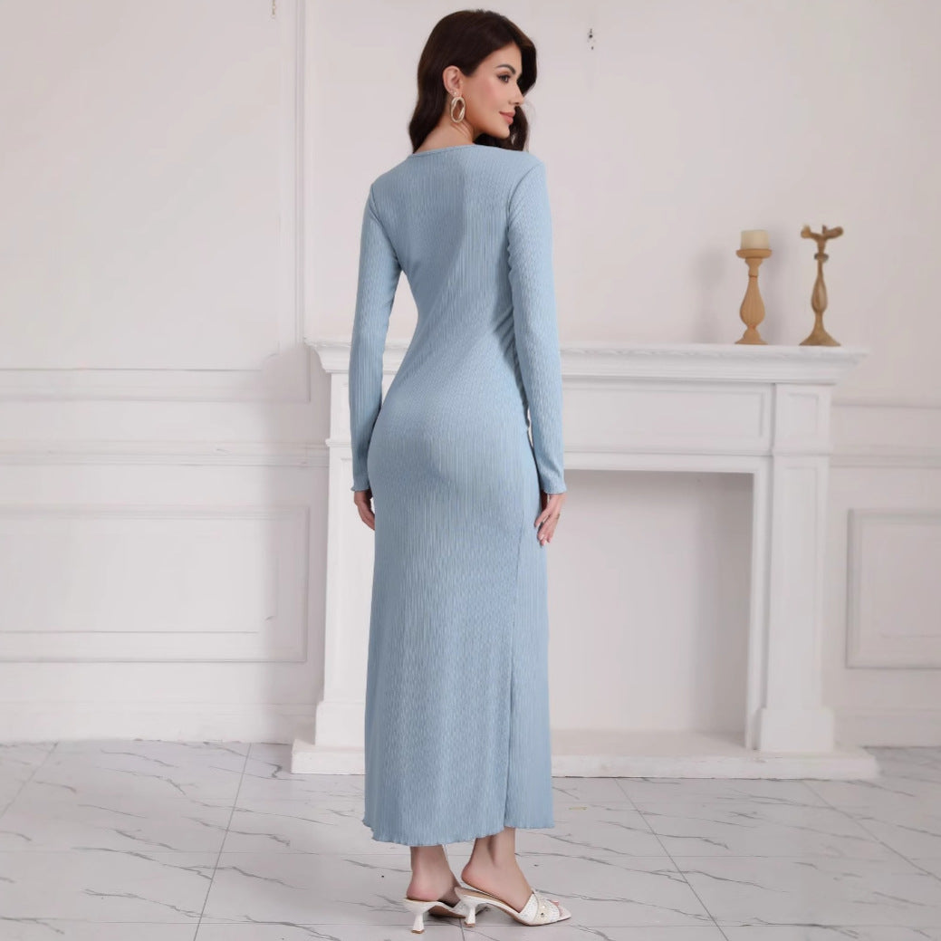 Damen Langes geripptes Bodycon-Maxikleid mit Rundhals & langen Ärmeln Echoarchiv