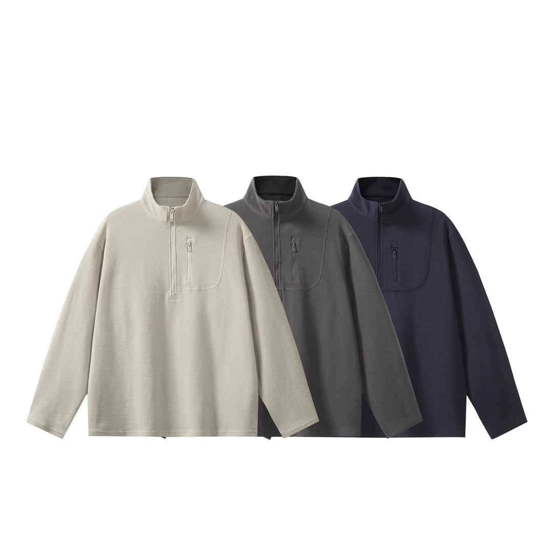 Unisex Leichter Waffelstrick-Halbzip-Pullover mit Stehkragen und Brustzippertasche Echoarchiv