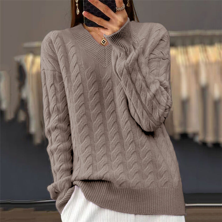 Damen nan weich fallender Zopfmuster-Pullover mit V-Ausschnitt, Oversize-Schnitt und geripptem Saum Echo Archiv