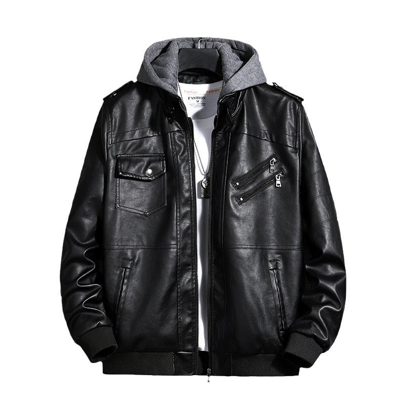 Herren Modische Lederjacke mit Kapuze Echo Archiv