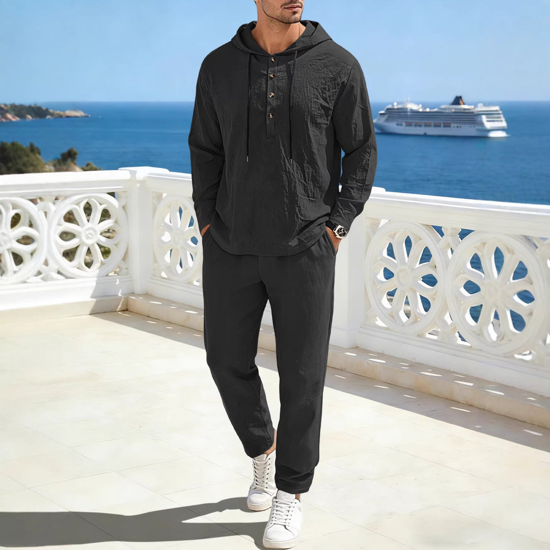 Herren nan entspannter Kapuzen-Henley Freizeitanzug aus leichter Baumwollmischung in Leinenoptik mit Kordelzug und elastischer Bundhose Echo Archiv