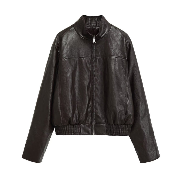 Damen Oversized-Lederblouson im Bomberstil mit Stehkragen und geripptem Saum Echo Archiv