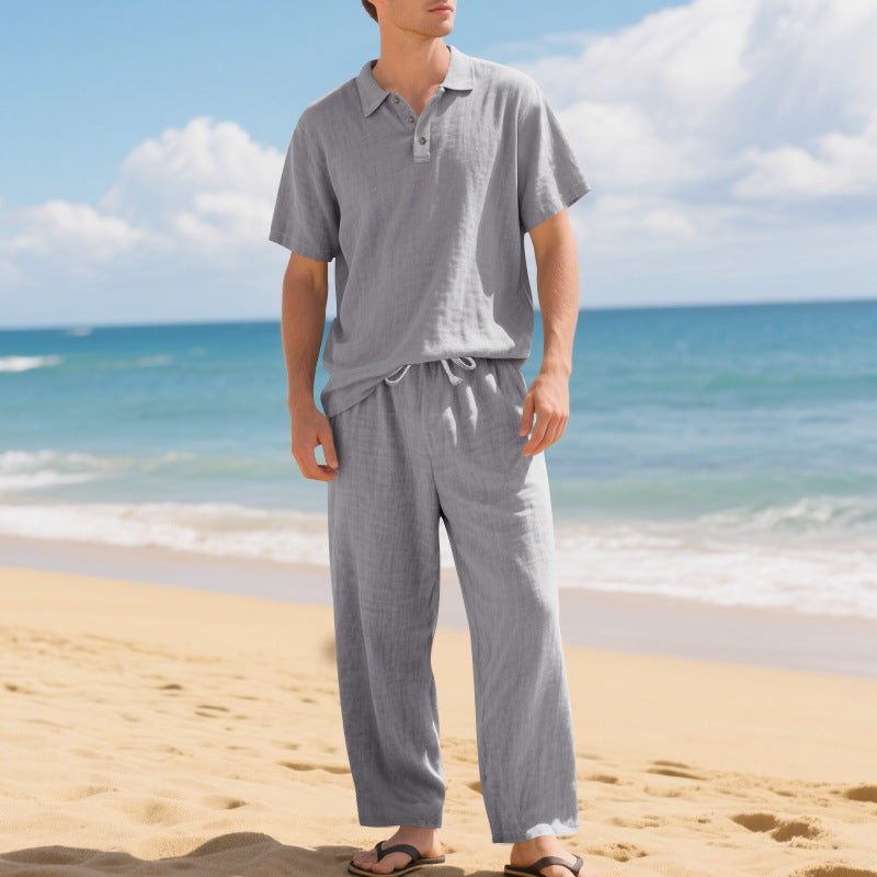Herren nan luftiges Leinen-Ensemble mit Polokragen und regulierbarer Bundhose Echo Archiv