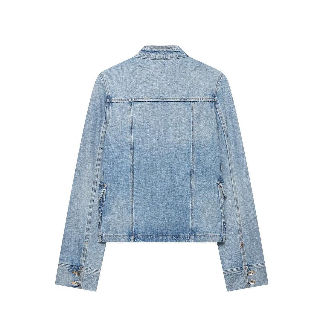 Damen Boxy-Denimjacke im Safari‑Look mit Stehkragen und vier aufgesetzten Taschen Echo Archiv
