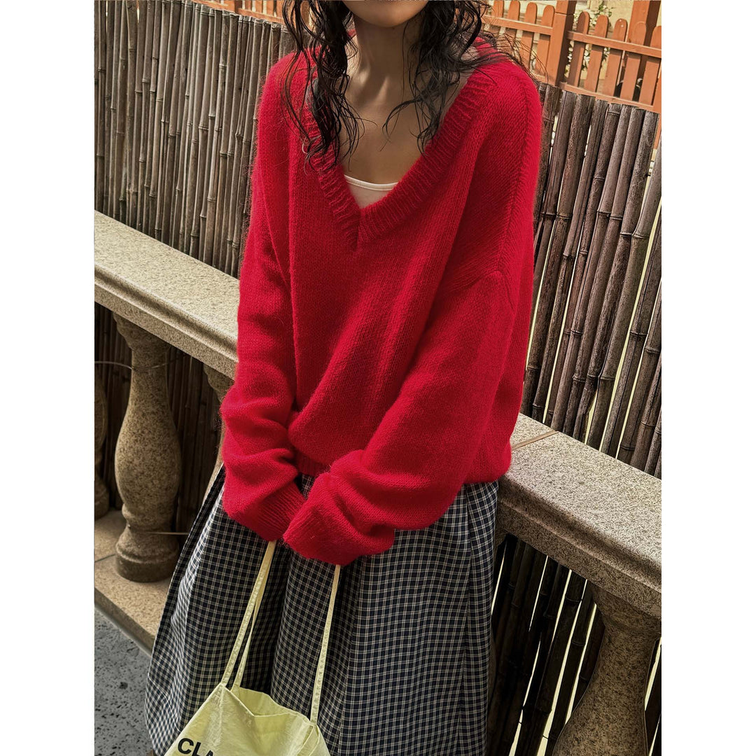 Damen Oversize Mohair‑Mix V-Ausschnitt Pullover mit extraweitem Ärmel Echoarchiv