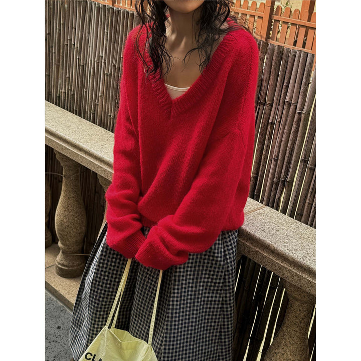 Damen Oversize Mohair‑Mix V-Ausschnitt Pullover mit extraweitem Ärmel Echoarchiv