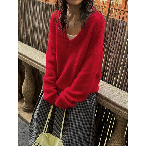 Damen Oversize Mohair‑Mix V-Ausschnitt Pullover mit extraweitem Ärmel Echoarchiv