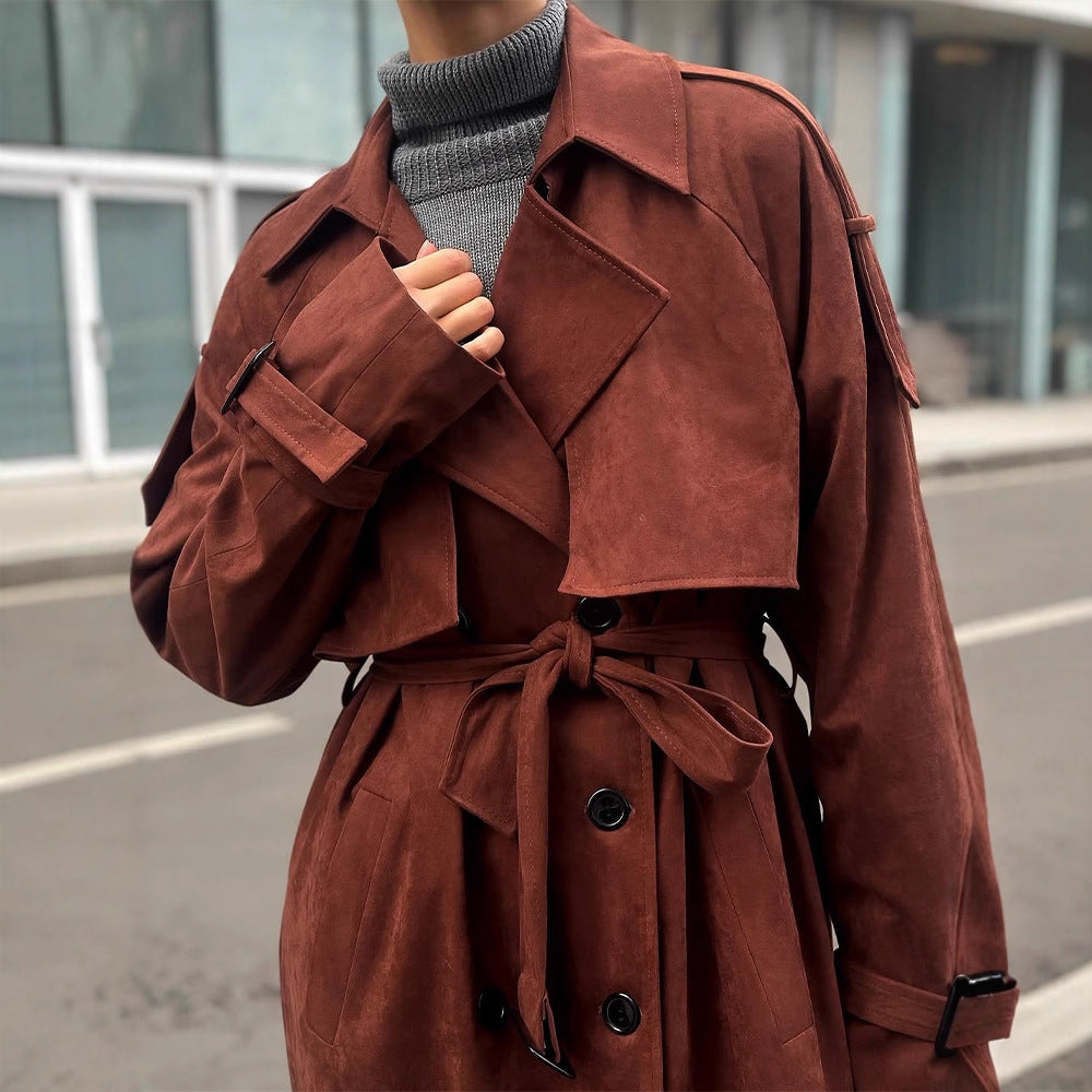 Damen langer Trenchcoat aus Veloursimitat mit doppelter Knopfleiste Echoarchiv
