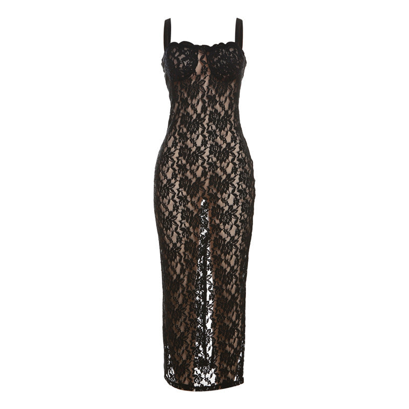 Damen Spitzenkleid mit verführerischem Schlitz und Spaghettiträgern Echo Archiv