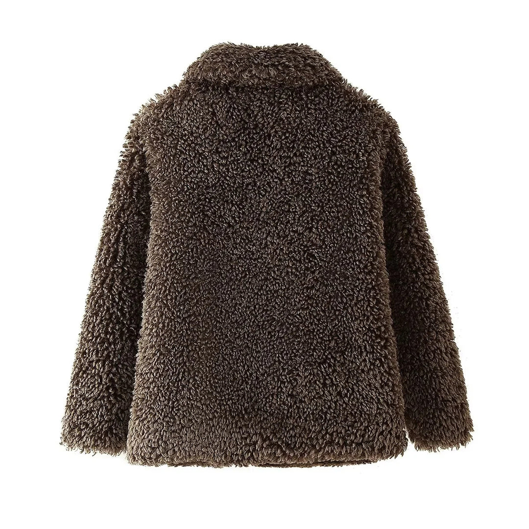 Damen Teddyfell-Manteljacke mit großem Schalkragen, wärmender Wattierung und verdeckter Verschluss – Célinea