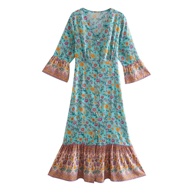 Damen Boho-Maxikleid mit V-Ausschnitt, taillierten Abnähern und Volantärmeln Echoarchiv