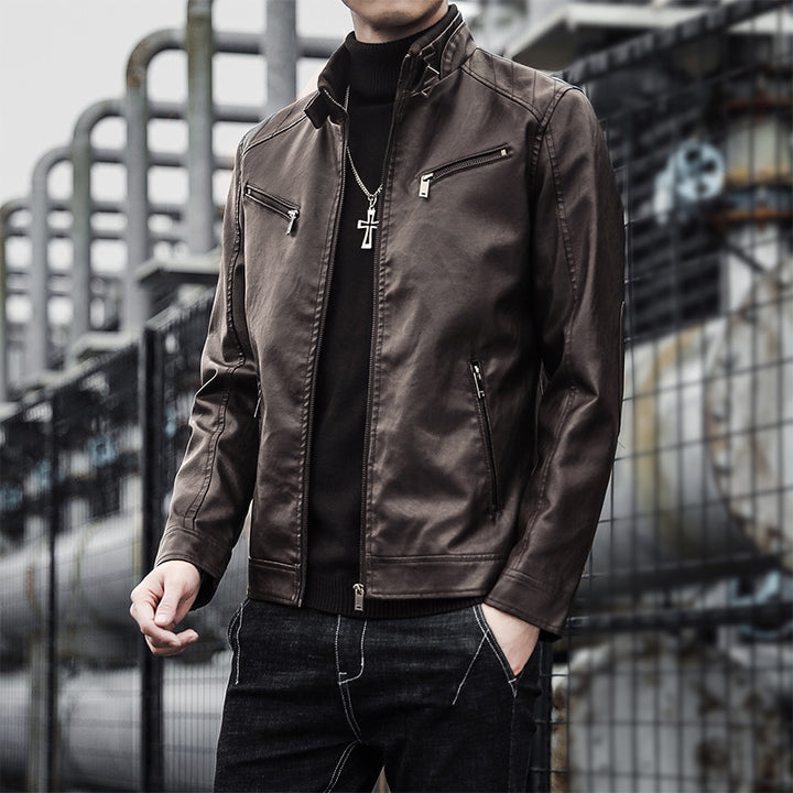 Herren Kunstleder-Motojacke im Aviator‑Stil mit Stehkragen und funktionalen Reißverschlüssen Echoarchiv
