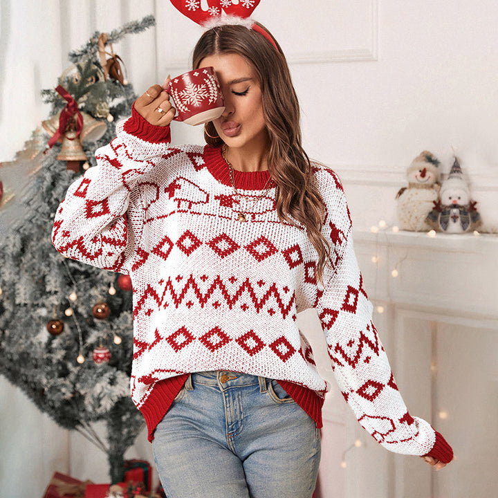 Damen Festlicher Jacquard-Pullover mit Schafbordüre und gerippten Bündchen Echoarchiv
