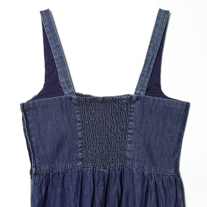Damen Denim Maxikleid mit schwingendem Rock und verstellbaren Trägern Echo Archiv