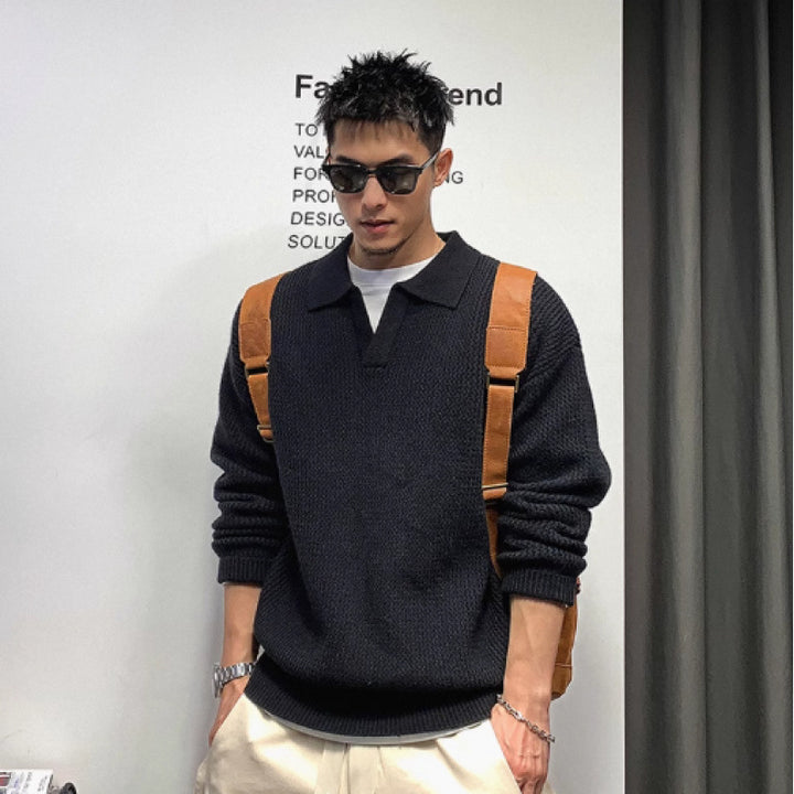 Herren Grobmaschiger Polokragen-Pullover mit verdeckter Halbleiste und geripptem Saum Echoarchiv