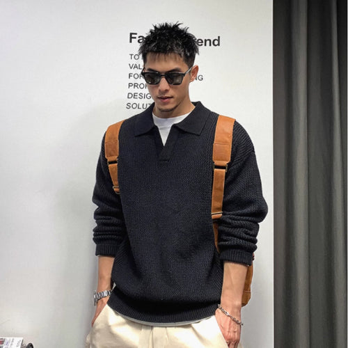 Herren Grobmaschiger Polokragen-Pullover mit verdeckter Halbleiste und geripptem Saum Echoarchiv