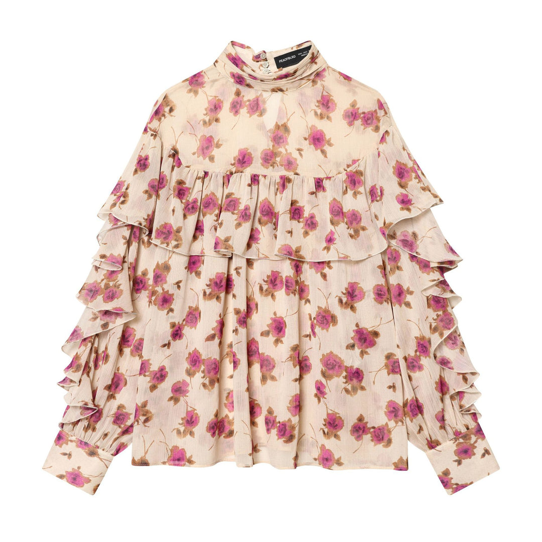 Damen zarte Volantbluse mit Stehkragen, mehrlagigen Rüschenstufen und floralem Chiffon – Élovi