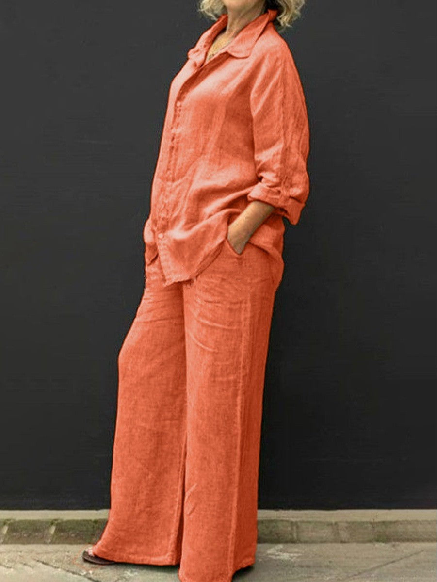 Damen Entspanntes Leinen-Set mit Oversize-Hemd und weiter Palazzo-Hose Echo Archiv