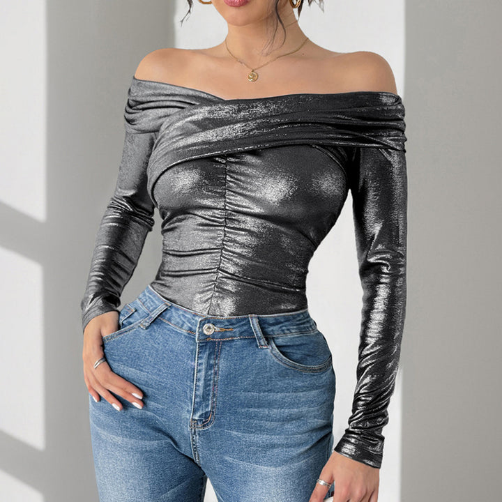 Damen Schulterfreies, glänzendes Metallic-Bodyshirt mit Mittelraffung & enganliegender Passform Echoarchiv