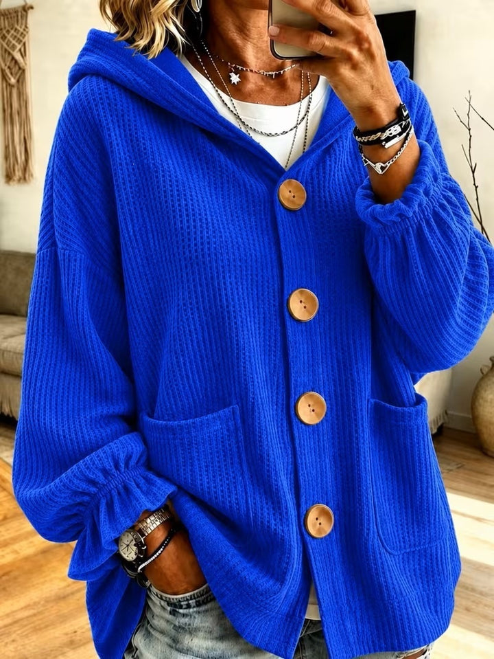 Damen Oversize Kapuzen-Strickjacke mit Waffelstruktur und Holzknöpfen Echo Archiv