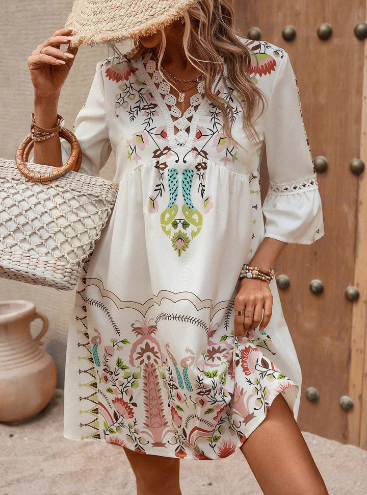 Damen Boho-Kleid mit Stickerei, Häkel-V-Ausschnitt und ausgestellter A-Linie Echo Archiv