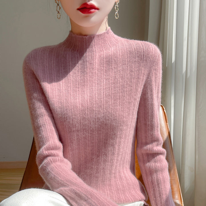 Damen Schmal geschnittener Feinstrick-Pullover mit kurzem Stehkragen und feiner Rippenstruktur Echoarchiv