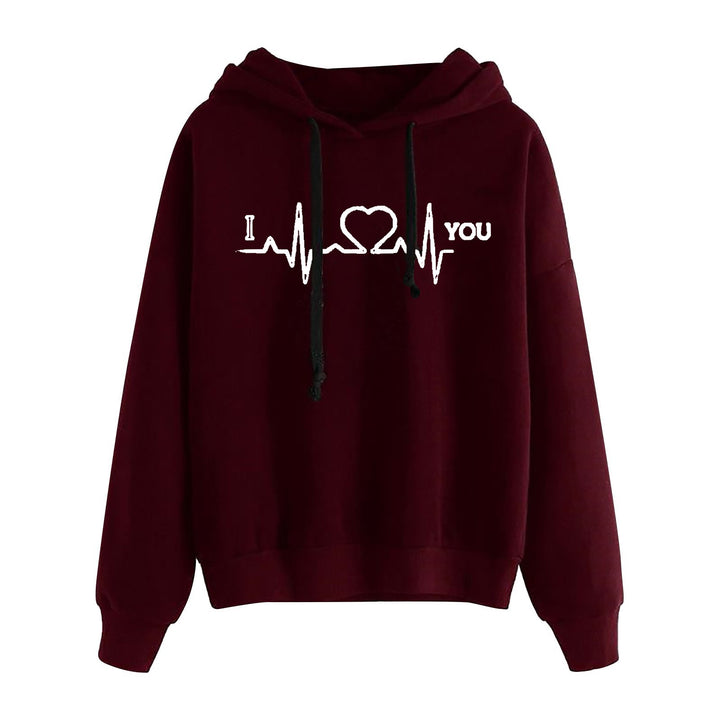 Damen leichter Oversize Kapuzenpullover mit Herz‑EKG‑Motiv, langen Kordeln und elastischem Bund – Auréline